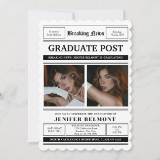 Convite Elegant Newspaper Themed 2 Photo Graduation Party