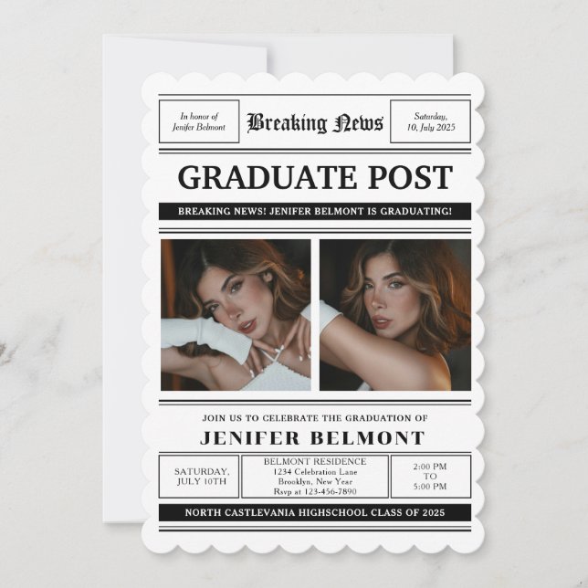Convite Elegant Newspaper Themed 2 Photo Graduation Party (Frente)