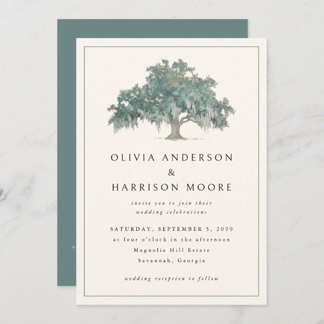 Convite Elegant Oak Tree Green QR Code Southern Wedding (Frente/Verso)