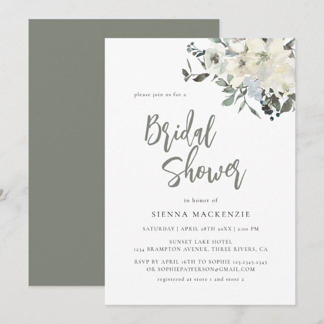 Convite Elegant Olive Green Delicate Floral Bridal Shower (Frente/Verso)