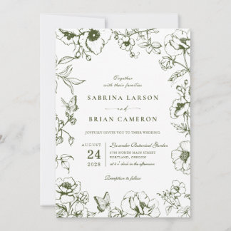 Convite Elegant Olive Green Floral Garden Wedding Photo