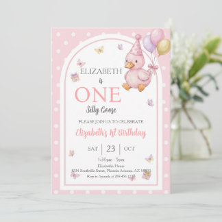 Convite Elegant One Silly Goose Pink Bow Girl 1st Birthday