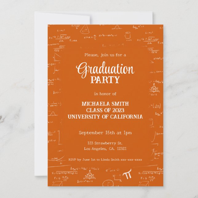 Convite Elegant Orange Math Hand-Written Photo Graduation (Frente)