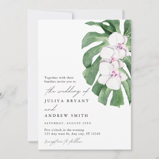 Convite Elegant Orchid on Tropical leaf script wedding (Frente)