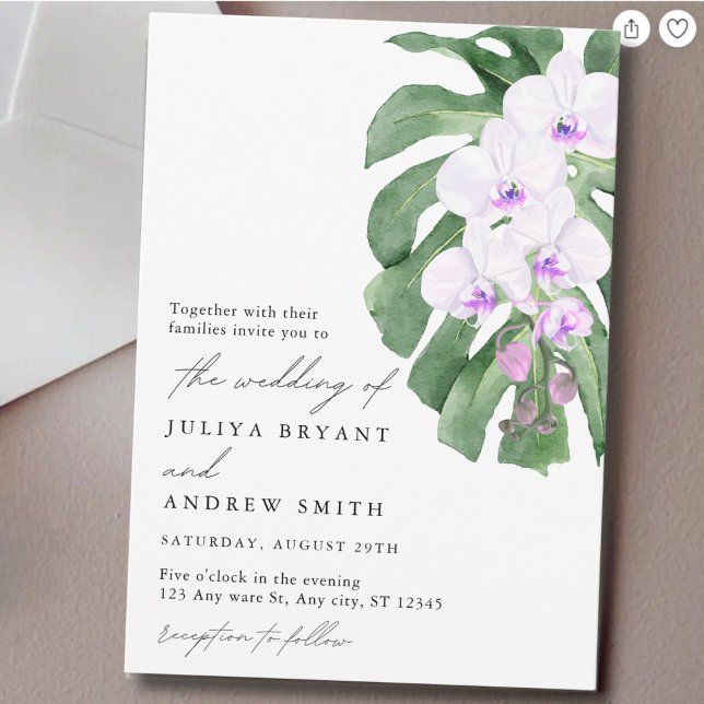 Convite Elegant Orchid on Tropical leaf script wedding (Criador carregado)