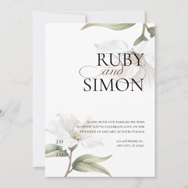 Convite Elegant Oriental White Magnolia Wedding (Frente)