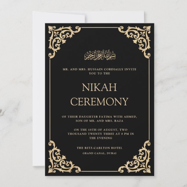 Convite Elegant Ornate Black Gold Nikah Ceremony Wedding (Frente)