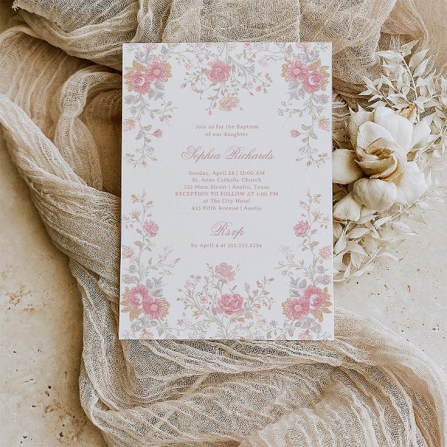 Convite Elegant Ornate Pink Roses | Baptism (Criador carregado)