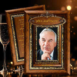 Convite Elegant Ornate Rustic Gold Wood Photo Birthday men