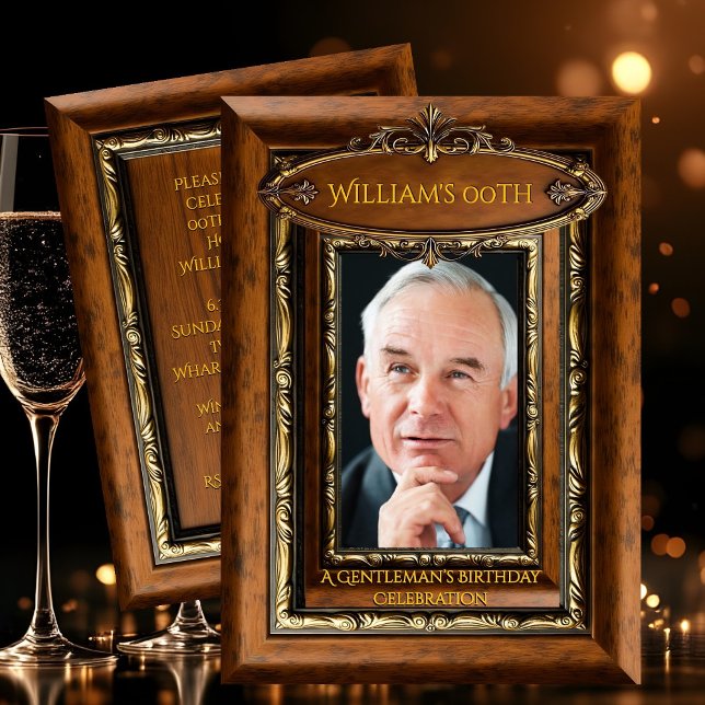 Convite Elegant Ornate Rustic Gold Wood Photo Birthday men (Criador carregado)