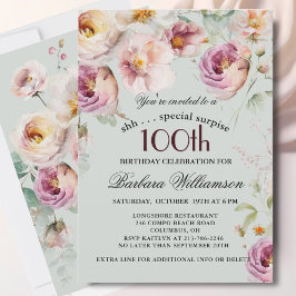 Convite Elegant Painted Floral Surprise 100th Birthday 