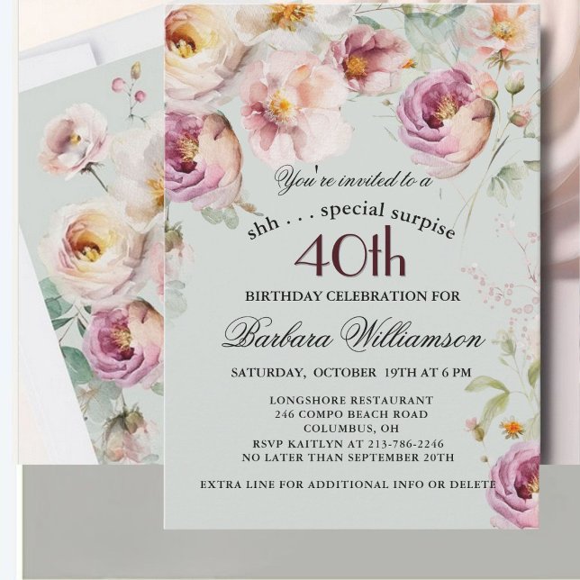 Convite Elegant Painted Floral Surprise 40th Birthday  (Criador carregado)