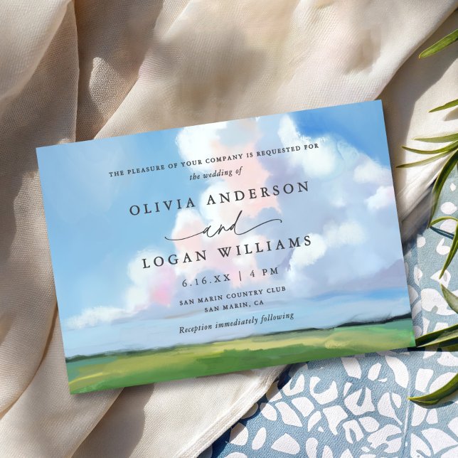Convite Elegant Painted Landscape Blue Sky Clouds Wedding (Criador carregado)