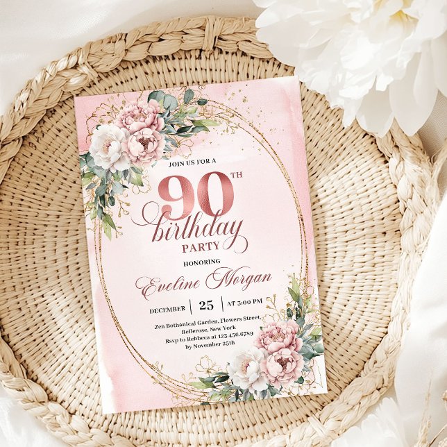 Convite Elegant Pale Pink Gold Eucalyptus 90th Birthday  (Elegant Pale Pink Gold Eucalyptus 90th Birthday Invite)