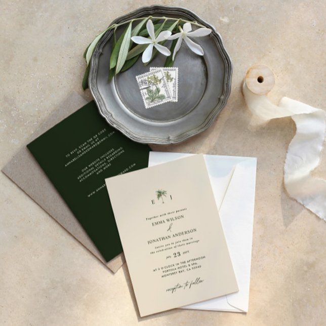 Convite Elegant Palm Tree Wedding Invitation with QR Code (Criador carregado)