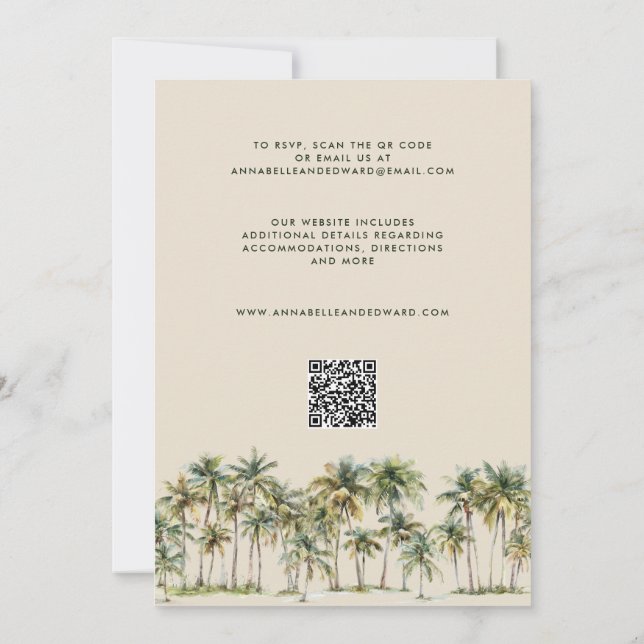 Convite Elegant Palm Tree Wedding Invitation with QR Code (Verso)