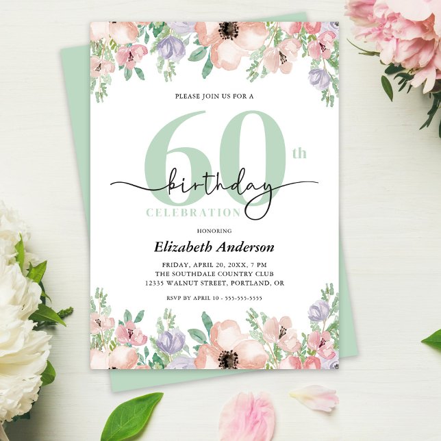 Convite Elegant Pastel Floral 60th Birthday Party (Criador carregado)