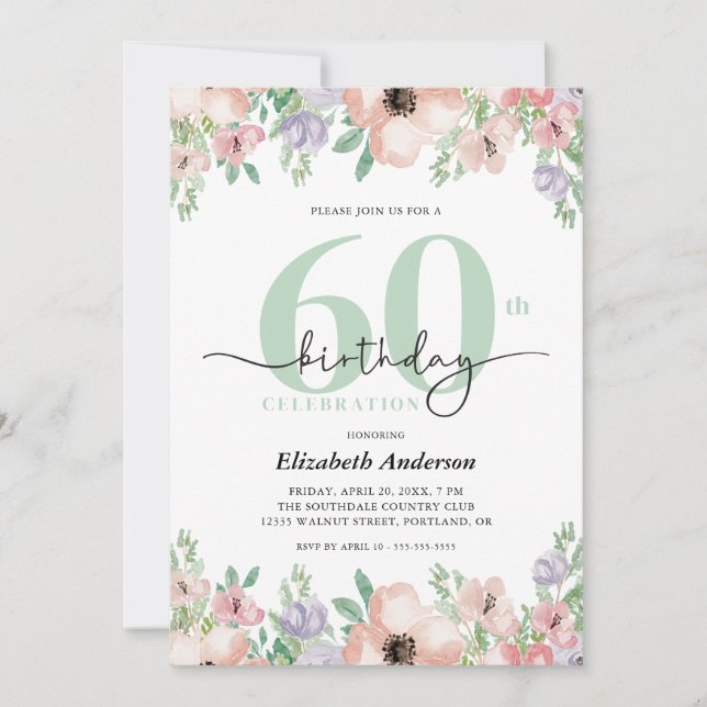 Convite Elegant Pastel Floral 60th Birthday Party (Frente)