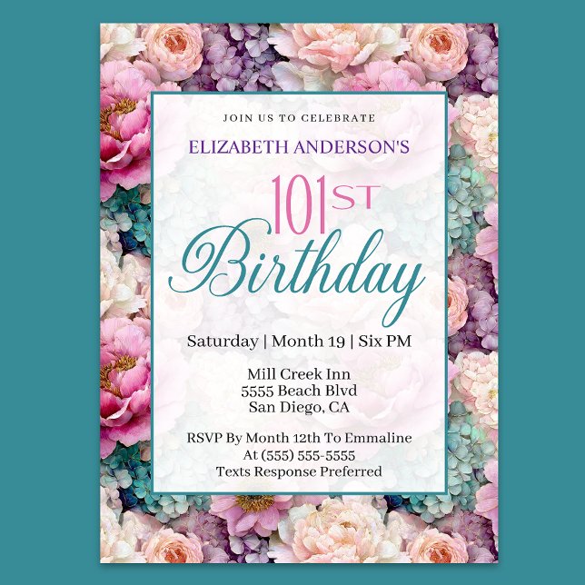 Convite Elegant Pastel Floral Garden 101st Birthday (Criador carregado)