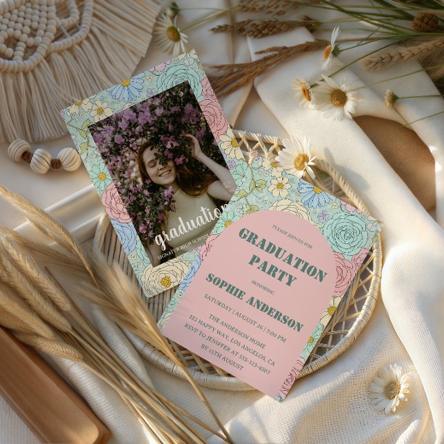 Convite Elegant Pastel Floral Photo Graduation Party (Criador carregado)