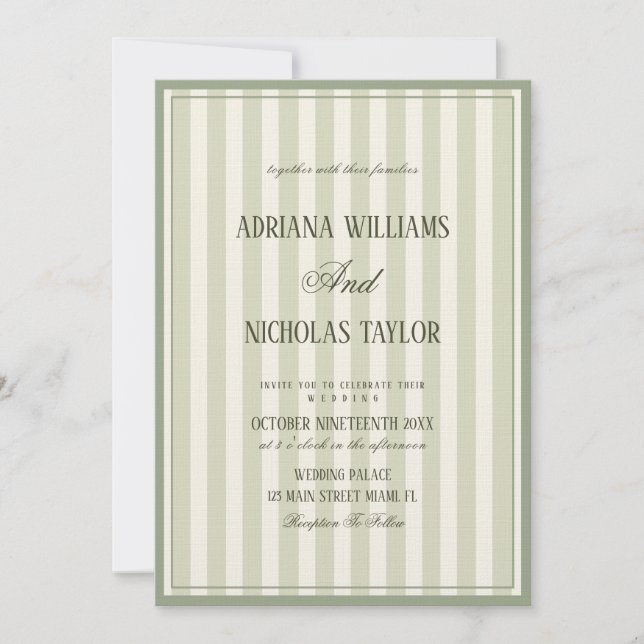 Convite Elegant Pastel Green Striped Wedding (Frente)