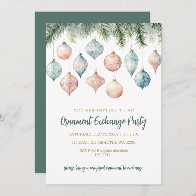 Convite Elegant Pastel Ornament Exchange Christmas Party (Frente/Verso)