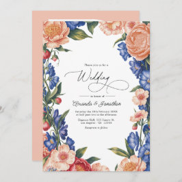 Convite Elegant Peach and Blue Floral Wedding QR Code