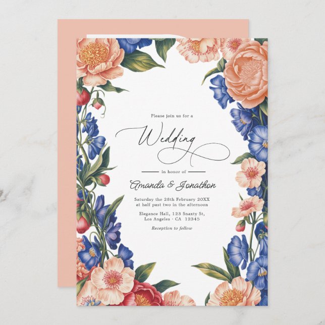 Convite Elegant Peach and Blue Floral Wedding QR Code (Frente/Verso)