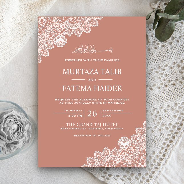 Convite Elegant Peach and White Lace Muslim Wedding (Criador carregado)