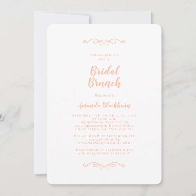 Convite Elegant Peach Calligraphy Bridal Brunch  (Frente)