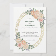 Elegant Peach Floral & Gold Lattice Oval Wedding