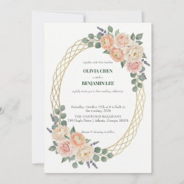 Convite Elegant Peach Floral & Gold Lattice Oval Wedding
