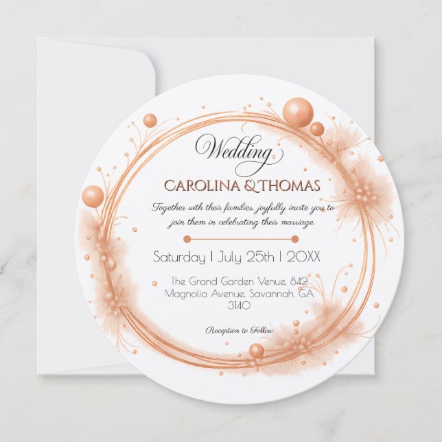 Convite Elegant Peach Sparkle Wedding Script Calligraphy (Frente)