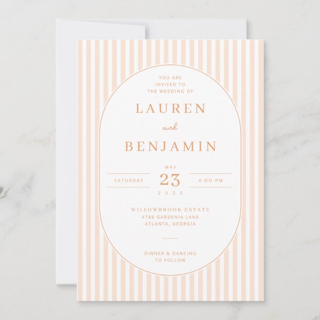 Convite Elegant Peach Striped Wedding Invitation (Frente)