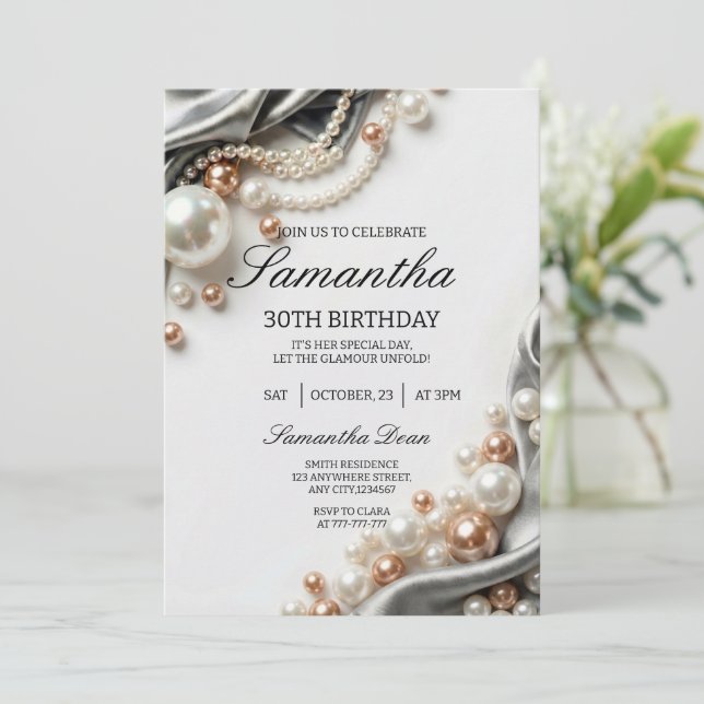 Convite Elegant Pearls and Satin 30th Birthday Invitation (Em pé/Frente)
