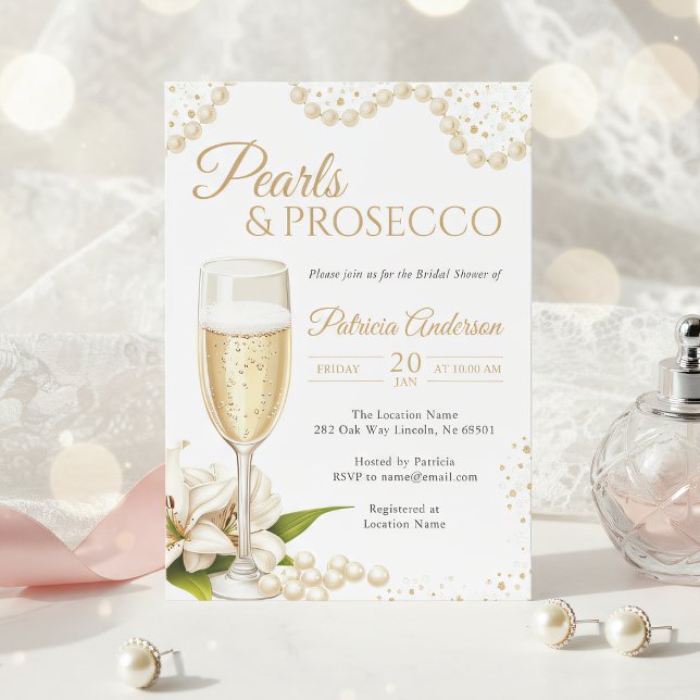 Convite Elegant Pearls & Prosecco Bridal Shower Invitation (Criador carregado)