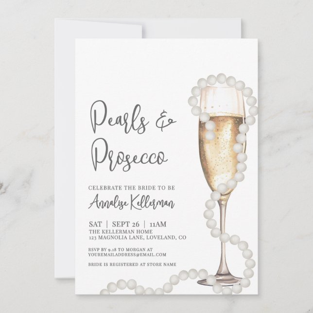 Convite Elegant Pearls & Prosecco Champagne Bridal Shower (Frente)