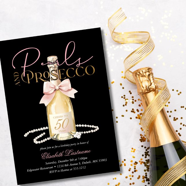 Convite Elegant Pearls & Prosecco Pink Bow 50th Birthday (Elegant Pearls & Prosecco Pink Bow 50th Birthday Invitation)