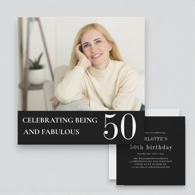 Convite Elegant Photo 50th Birthday Black White Invitation (Criador carregado)