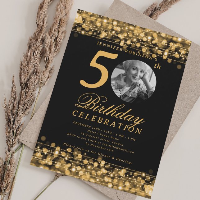 Convite Elegant Photo 50th Birthday Party Gold Lights (Elegant Photo 50th Birthday Party Gold Lights Invitation)