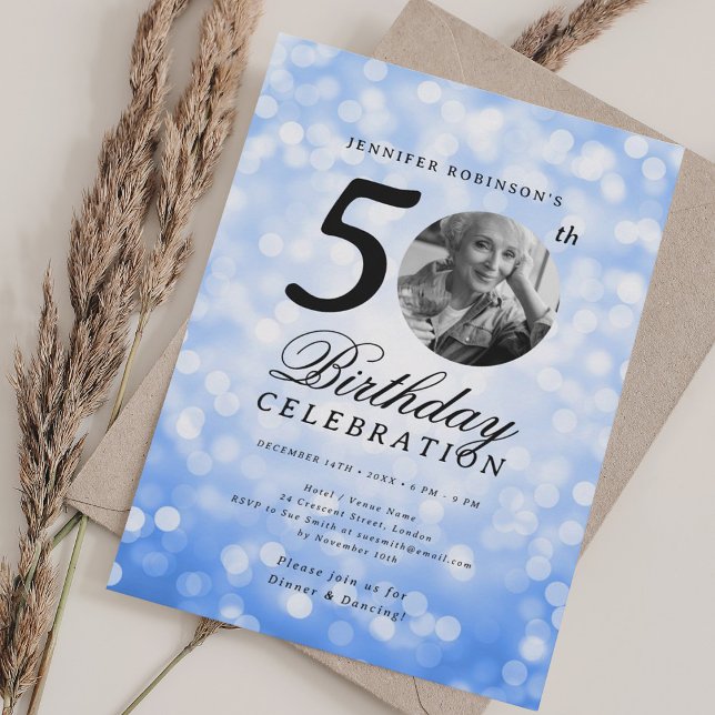 Convite Elegant Photo 50th Birthday Party Navy Bokeh (Elegant Photo 50th Birthday Party Navy Bokeh Invitation)