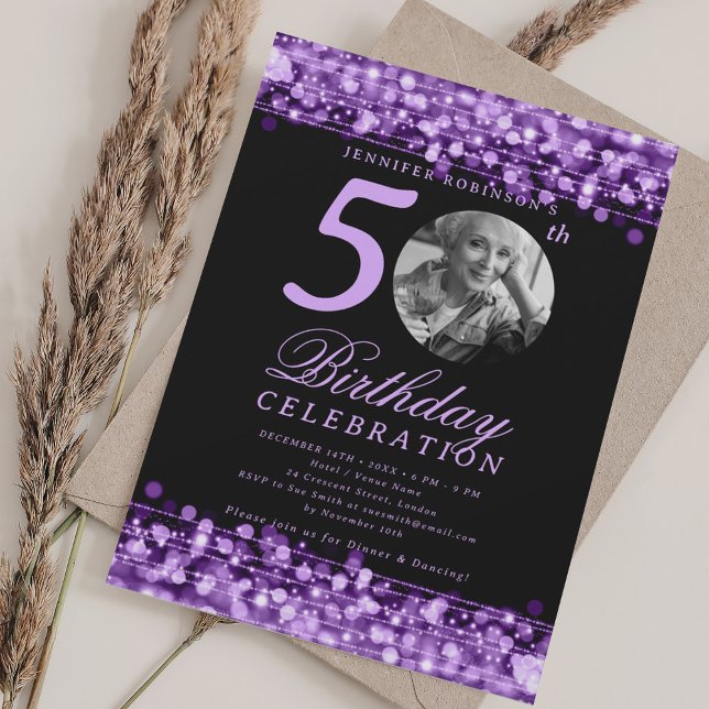 Convite Elegant Photo 50th Birthday Party Purple Lights (Elegant Photo 50th Birthday Party Purple Lights Invitation)