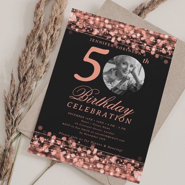 Convite Elegant Photo 50th Birthday Party Rose Gold Lights (Elegant Photo 50th Birthday Party Rose Gold Lights Invitation)