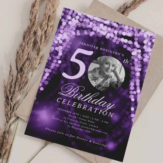 Convite Elegant Photo 50th Birthday Purple Glam Lights (Elegant Photo 50th Birthday Purple Glam Lights Invitation)