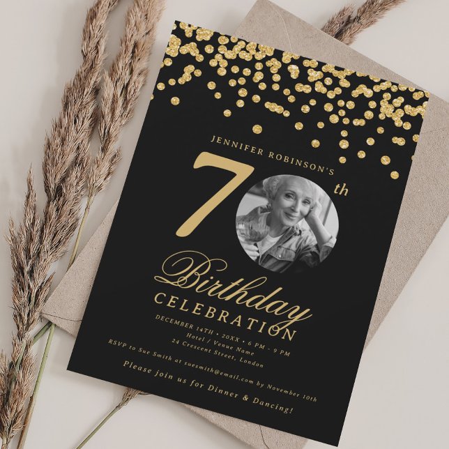 Convite Elegant Photo 70th Birthday Gold Black Confetti (Elegant Photo 70th Birthday Gold Black Confetti Invitation)