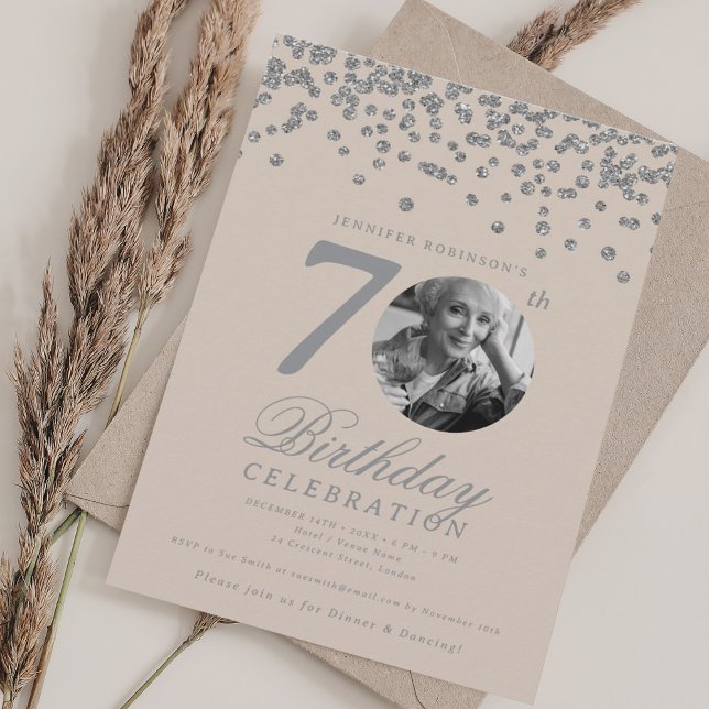 Convite Elegant Photo 70th Birthday Silver Champagne (Elegant Photo 70th Birthday Silver Champagne Invitation)