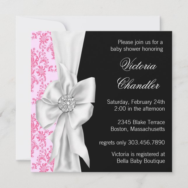Convite Elegant Pink and Black Damask Baby Girl Shower (Frente)