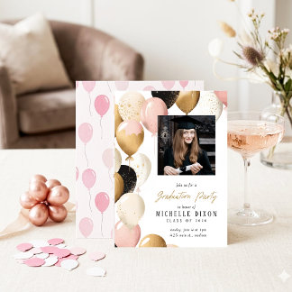 Convite Elegant Pink and Gold Balloon Graduation Party 