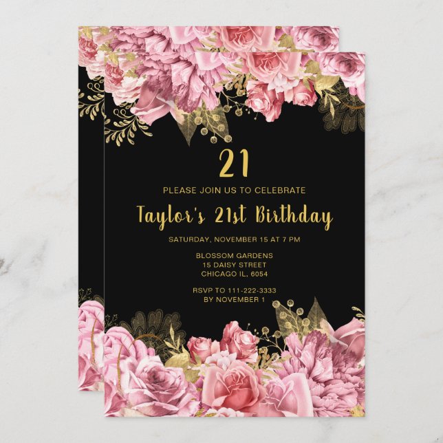 Convite Elegant Pink and Gold Flowers Birthday Party (Frente/Verso)