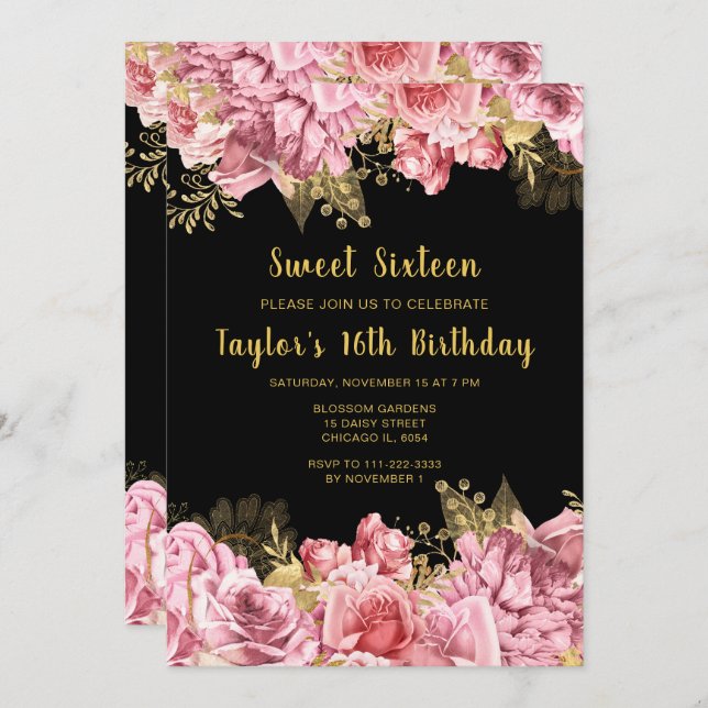 Convite Elegant Pink and Gold Flowers Sweet Sixteen (Frente/Verso)